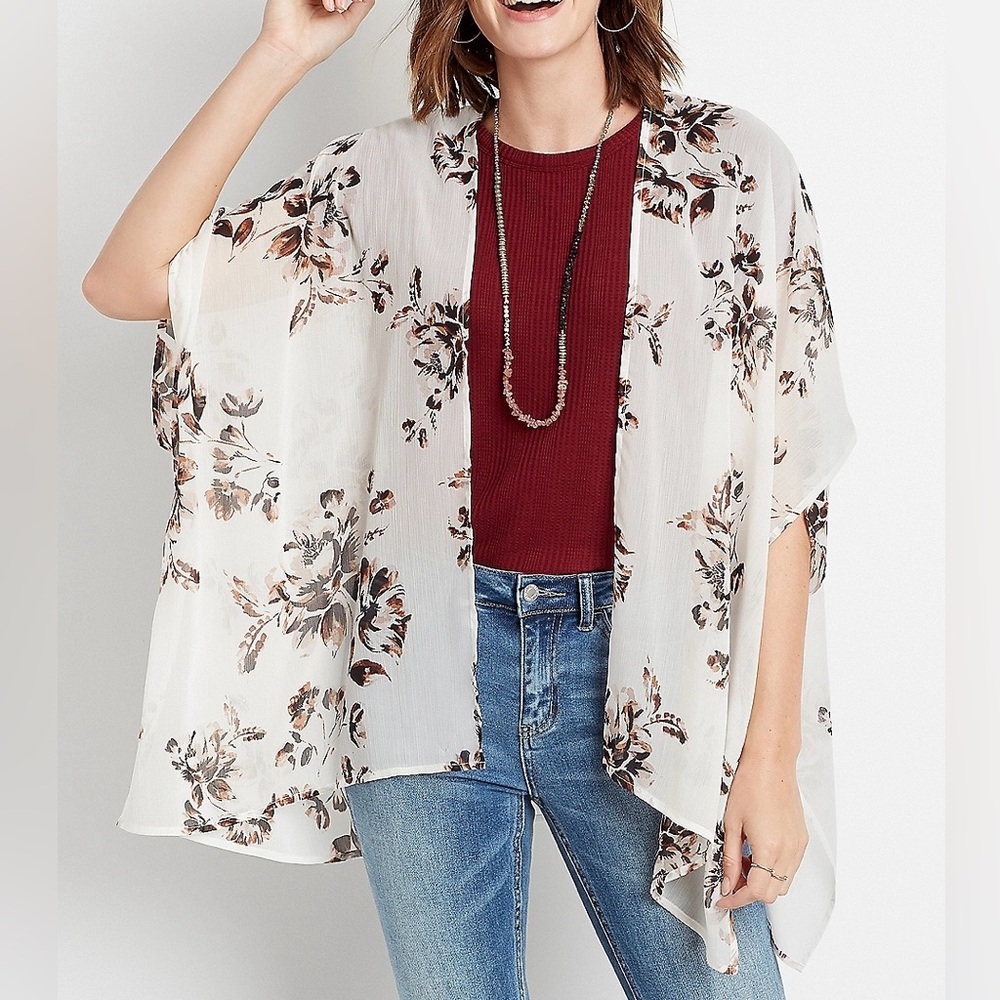 Maurices White Floral Kimono with Brown Accents